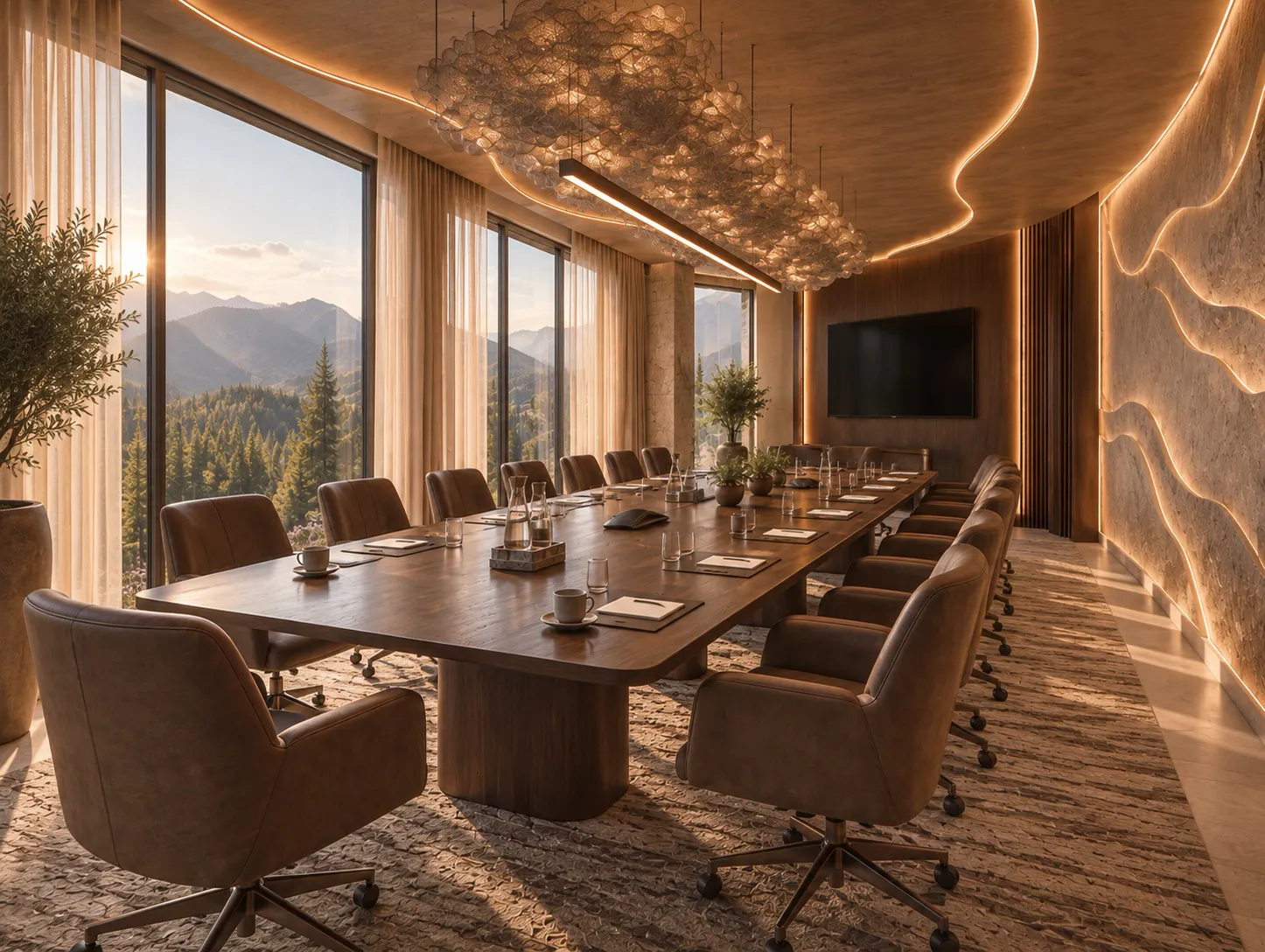 Boardroom with a long walnut table facing the valley windows