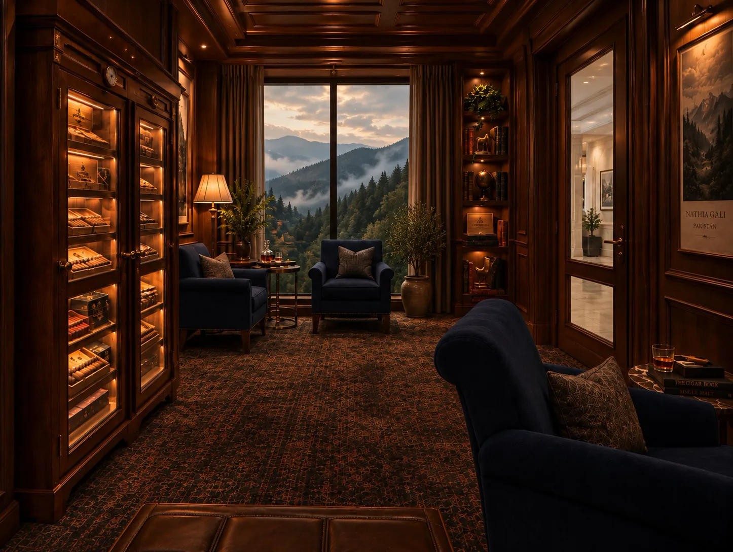 Wood panelled cigar lounge with lit humidor cabinets