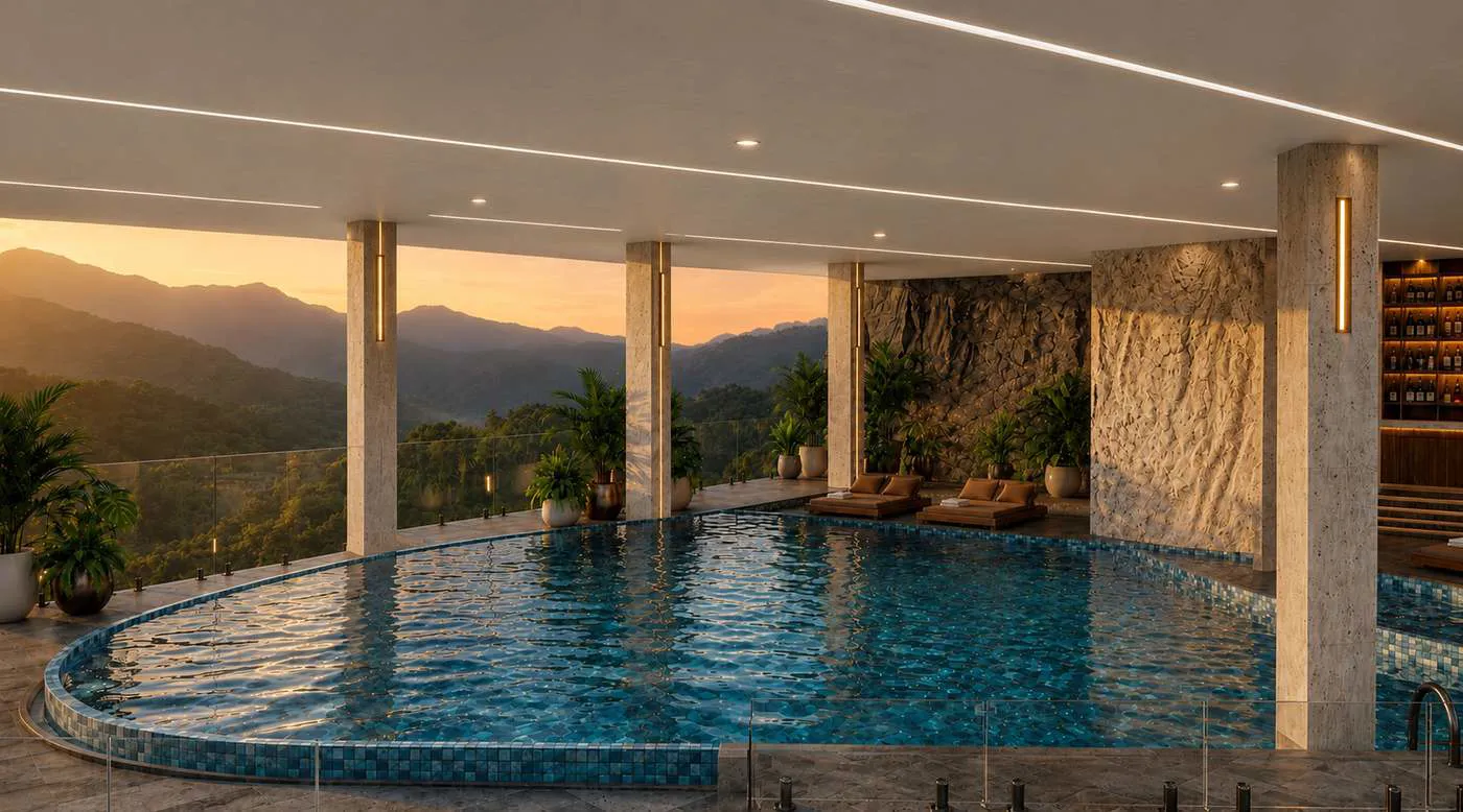 The heated infinity pool at sunset
