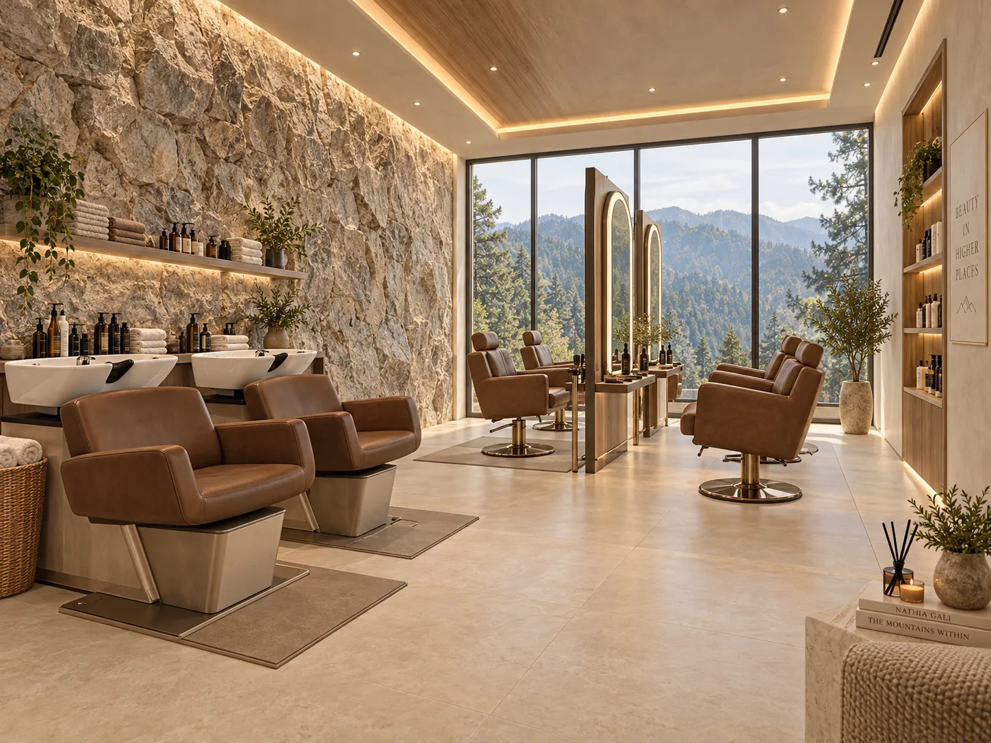 Salon with a stone wall, arched mirrors and forest view glass