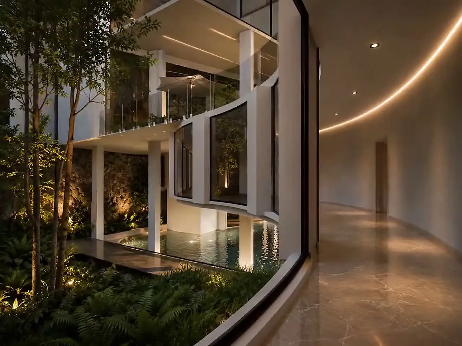 The glazed skywalk corridor between the two towers, forest on both sides