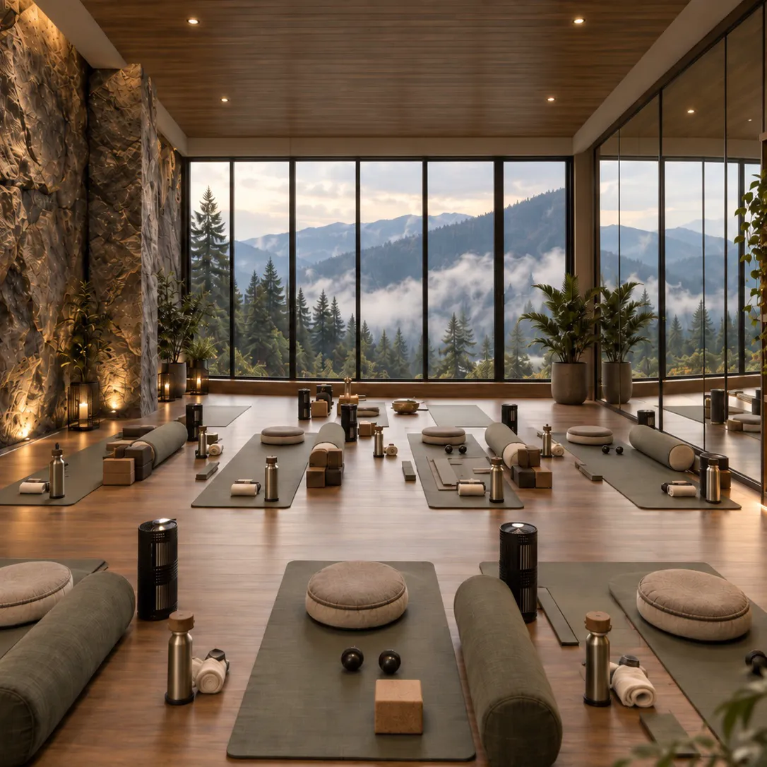 Yoga studio with sculpted stone wall and valley view glass